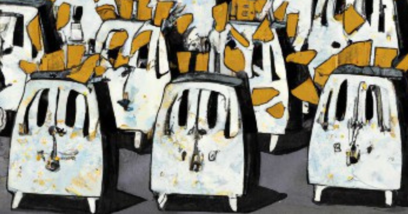 Digitales Kunstwerk, das eine Armee von Toastern zeigt.